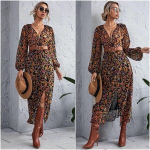 boho floral print long sleeve v neck maxi dress